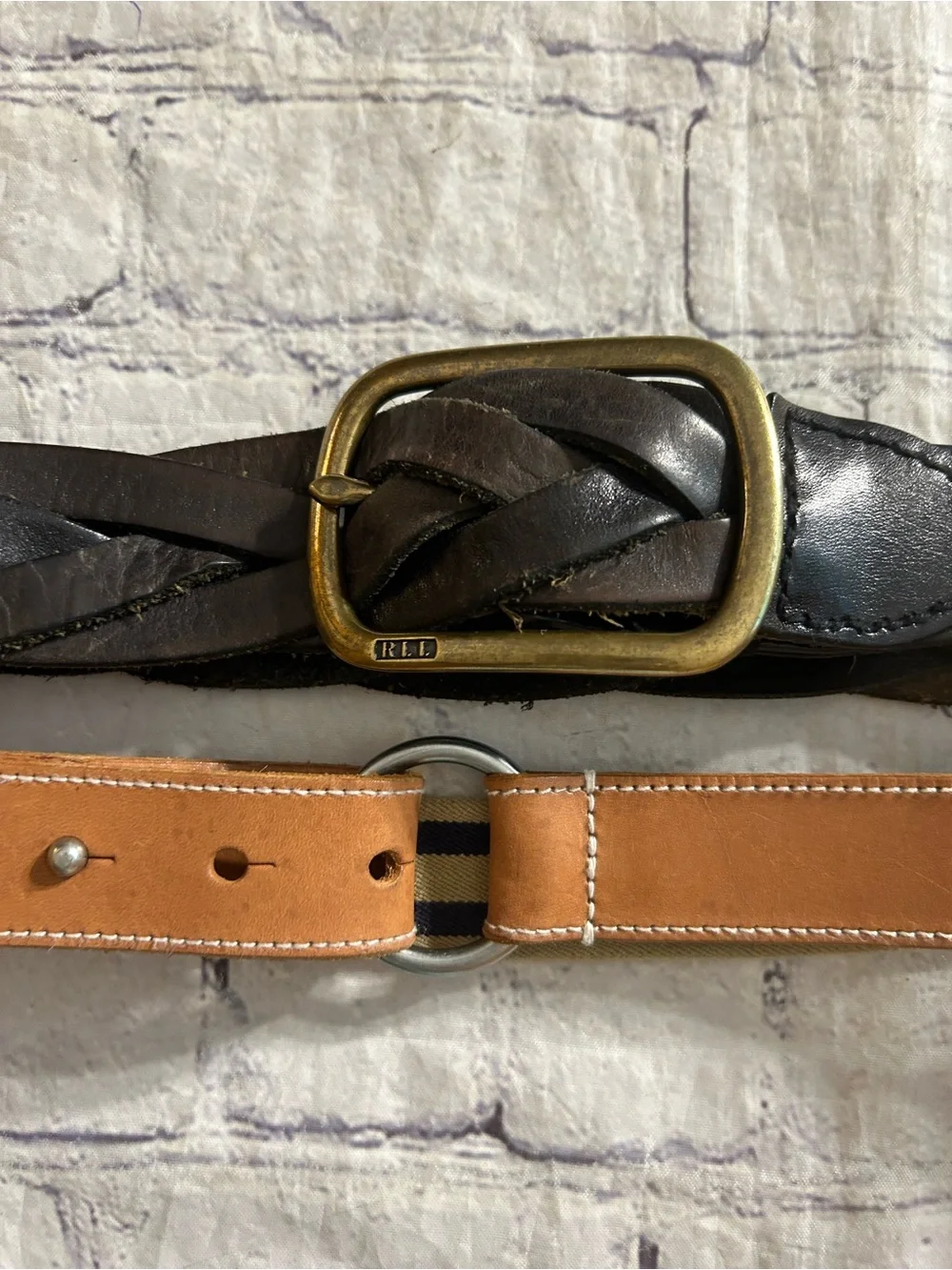 LAUREN RALPH LAUREN (2) BELTS BRAIDED CHUNKY ESPRESSO & PREPPY TAN/NAVY STRETCH